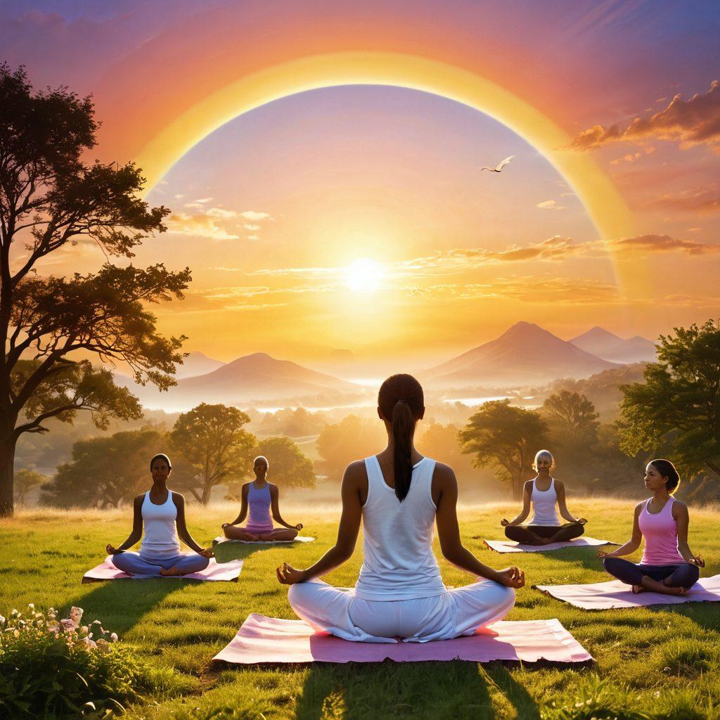 A radiant sunrise illuminating a serene landscape symbolizing hope and renewal, featuring diverse individuals engaging in healthy activities like yoga and cooking nutritious meals. Elements of medical support like ribbons and healthcare symbols subtly integrated into the scene to signify cancer awareness. The atmosphere is uplifting and vibrant, encouraging a sense of community and resilience. super-realistic. vibrant colors. soft focus.