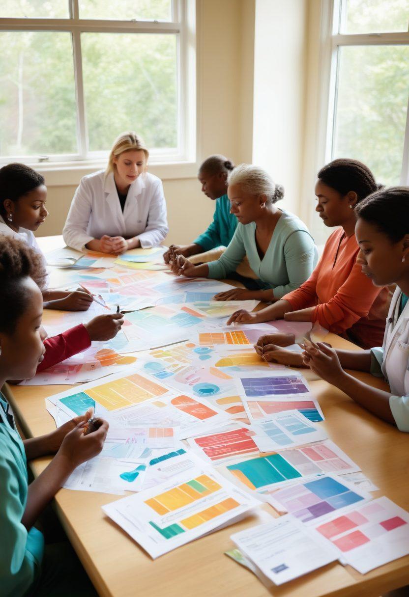 A serene and inspiring scene depicting a diverse group of patients and healthcare professionals engaged in an educational workshop about cancer care. Brightly colored charts and informative materials are spread across a table, symbolizing empowerment through knowledge. The atmosphere is inclusive, warm, and hopeful, showcasing interaction and support among attendees. Include elements of nature outside a window to represent growth and healing. colorful, super-realistic, uplifting tones.